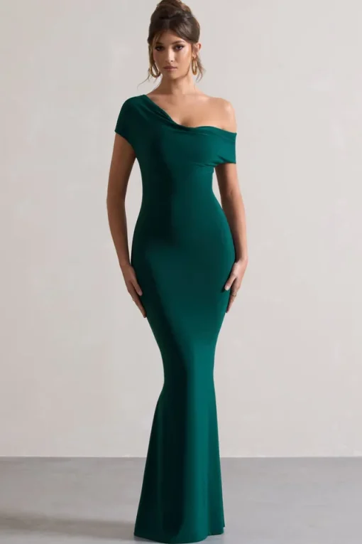Avila | Bottle Green Asymmetric Bardot Maxi Dress