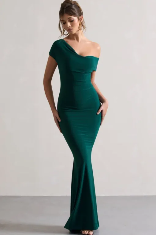 Avila | Bottle Green Asymmetric Bardot Maxi Dress