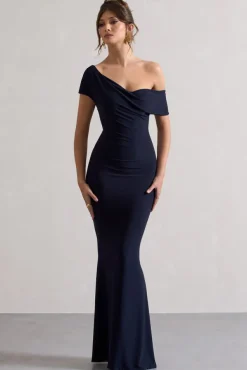 Avila | Navy Asymmetric Bardot Maxi Dress