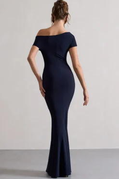 Avila | Navy Asymmetric Bardot Maxi Dress