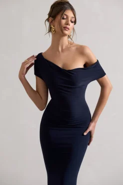 Avila | Navy Asymmetric Bardot Maxi Dress
