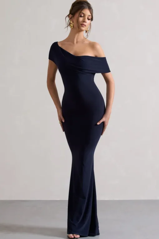 Avila | Navy Asymmetric Bardot Maxi Dress