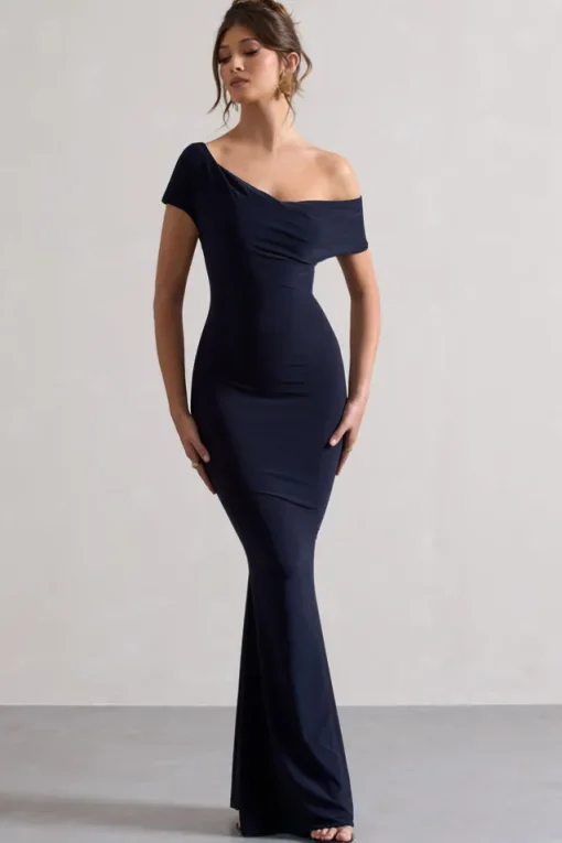 Avila | Navy Asymmetric Bardot Maxi Dress