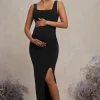 Avril | Black Square Neck Maternity Maxi Dress with Split