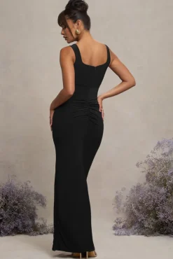 Avril | Black Square Neck Maternity Maxi Dress with Split