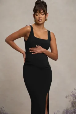 Avril | Black Square Neck Maternity Maxi Dress with Split