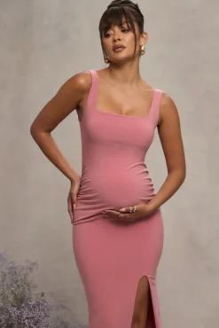 Avril | Blush Square Neck Maternity Maxi Dress with Split