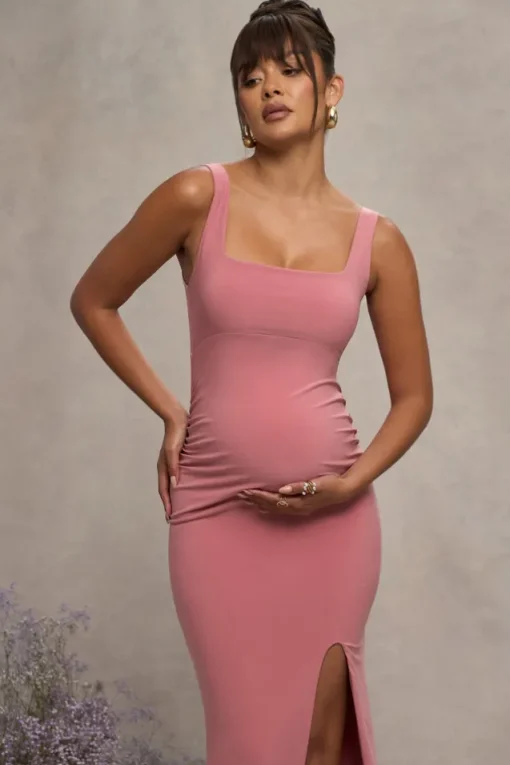 Avril | Blush Square Neck Maternity Maxi Dress with Split