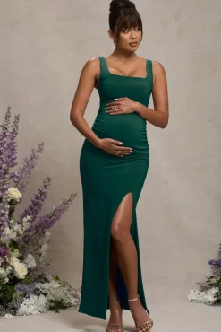 Avril | Bottle Green Square Neck Maternity Maxi Dress with Split