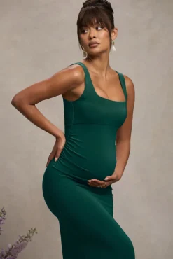 Avril | Bottle Green Square Neck Maternity Maxi Dress with Split