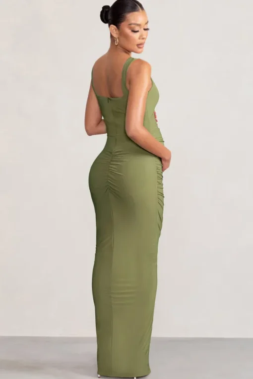 Avril | Olive Square Neck Maternity Maxi Dress with Split