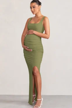 Avril | Olive Square Neck Maternity Maxi Dress with Split