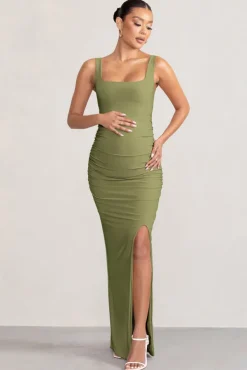 Avril | Olive Square Neck Maternity Maxi Dress with Split
