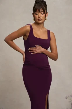 Avril | Plum Square Neck Maternity Maxi Dress with Split