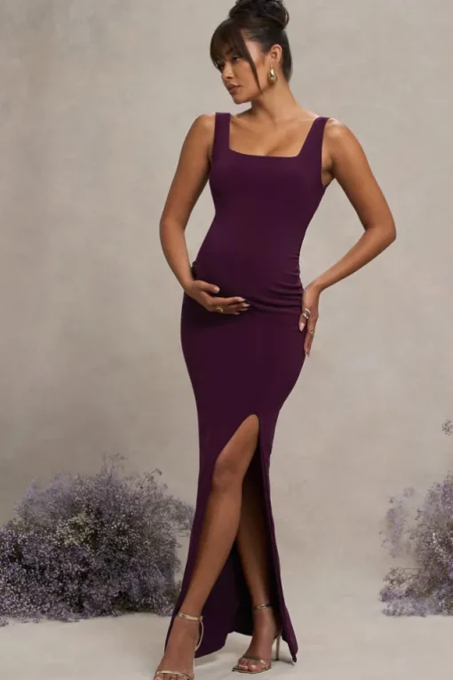 Avril | Plum Square Neck Maternity Maxi Dress with Split