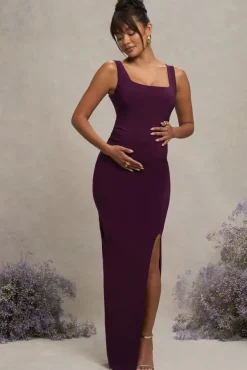 Avril | Plum Square Neck Maternity Maxi Dress with Split