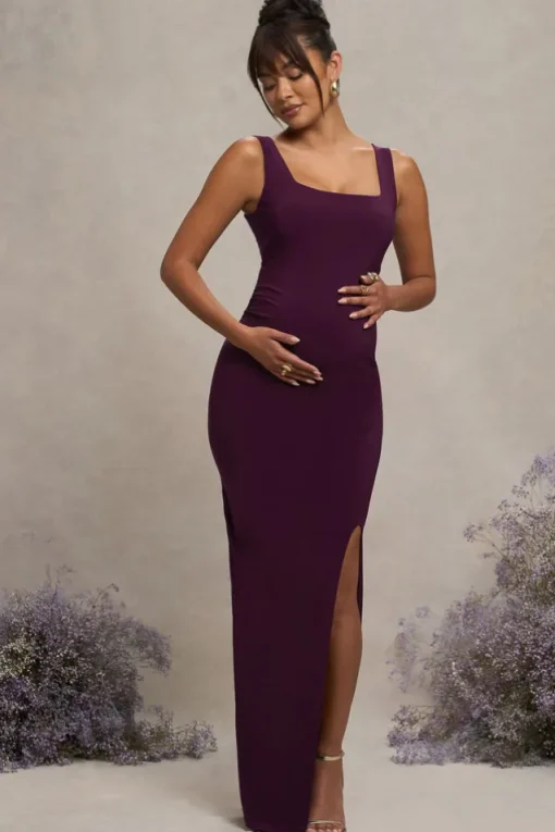 Avril | Plum Square Neck Maternity Maxi Dress with Split