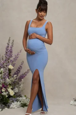 Avril | Powder Blue Square Neck Maternity Maxi Dress with Split