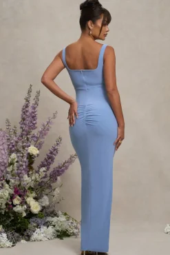 Avril | Powder Blue Square Neck Maternity Maxi Dress with Split