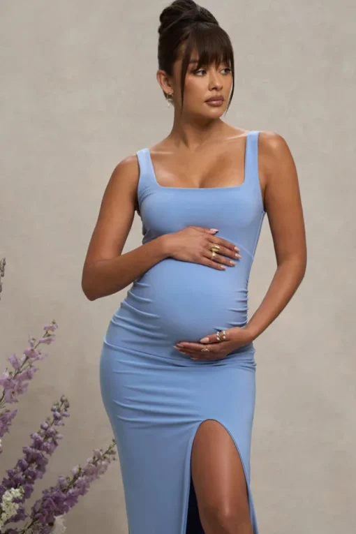 Avril | Powder Blue Square Neck Maternity Maxi Dress with Split