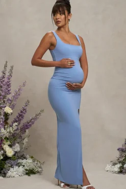 Avril | Powder Blue Square Neck Maternity Maxi Dress with Split