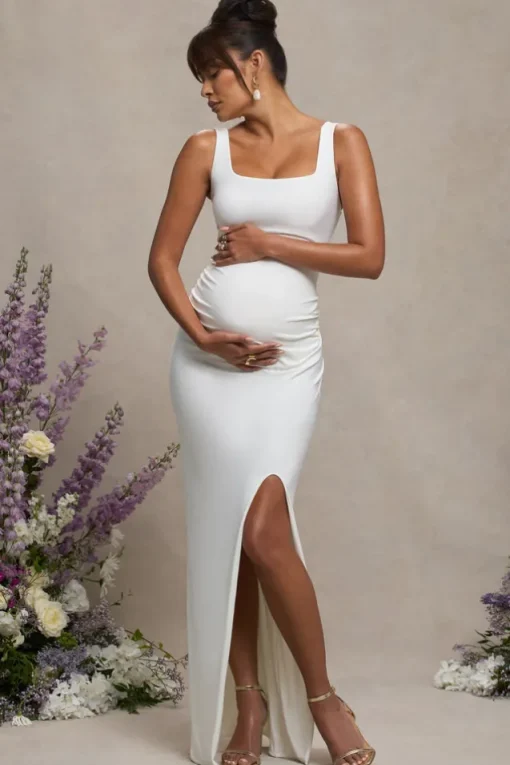 Avril | White Square Neck Maternity Maxi Dress with Split