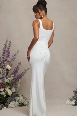 Avril | White Square Neck Maternity Maxi Dress with Split