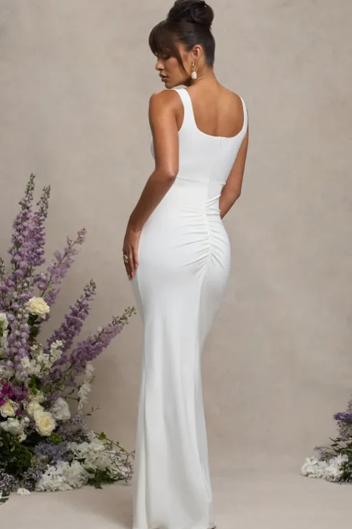 Avril | White Square Neck Maternity Maxi Dress with Split