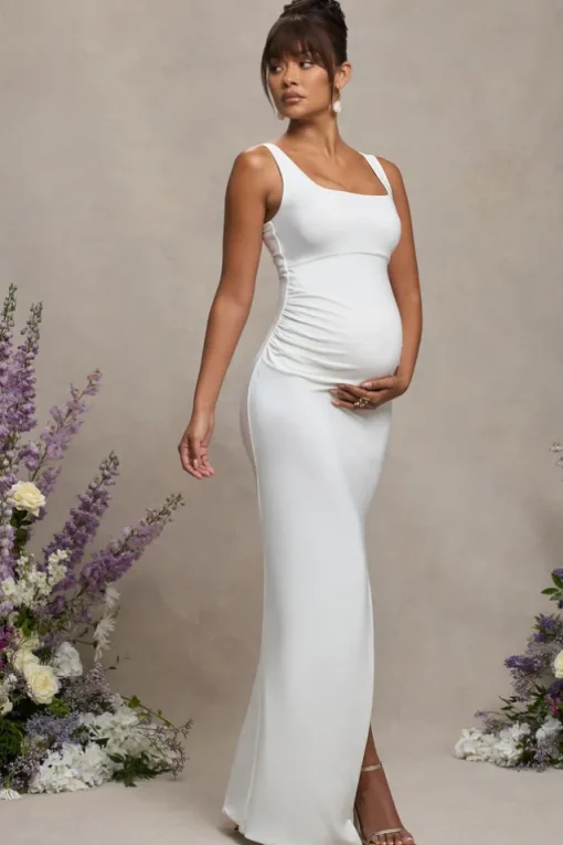 Avril | White Square Neck Maternity Maxi Dress with Split