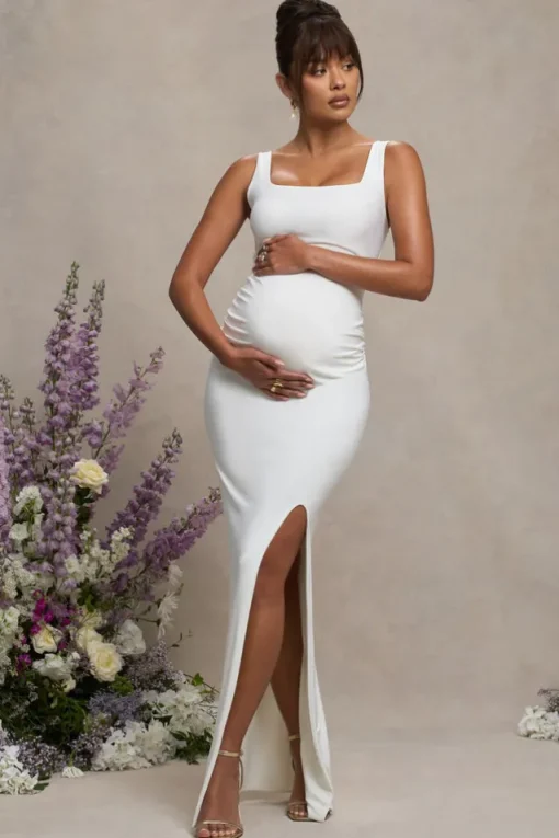 Avril | White Square Neck Maternity Maxi Dress with Split