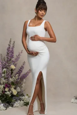 Avril | White Square Neck Maternity Maxi Dress with Split