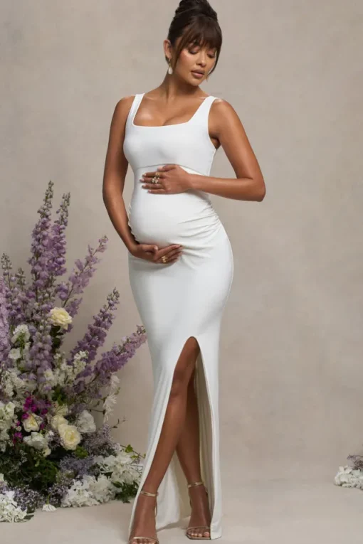 Avril | White Square Neck Maternity Maxi Dress with Split