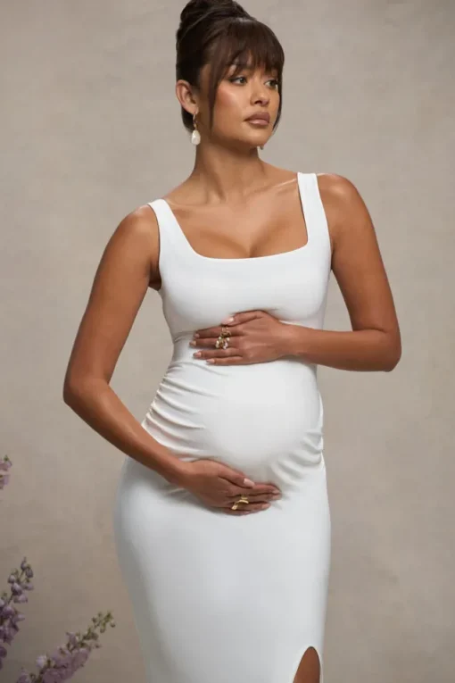 Avril | White Square Neck Maternity Maxi Dress with Split