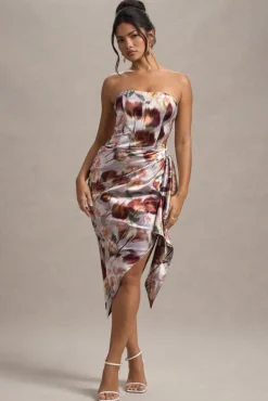 Axel | Cream Floral Print Satin Strapless Wrap Midi Dress