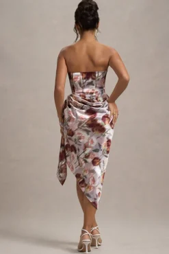 Axel | Cream Floral Print Satin Strapless Wrap Midi Dress