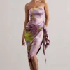 Axel | Lilac Print Satin Strapless Wrap Midi Dress