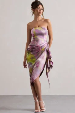 Axel | Lilac Print Satin Strapless Wrap Midi Dress