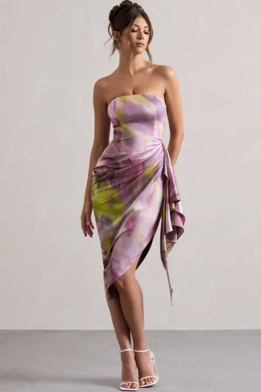 Axel | Lilac Print Satin Strapless Wrap Midi Dress