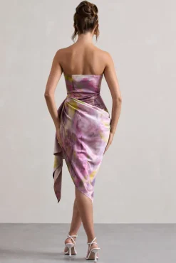 Axel | Lilac Print Satin Strapless Wrap Midi Dress