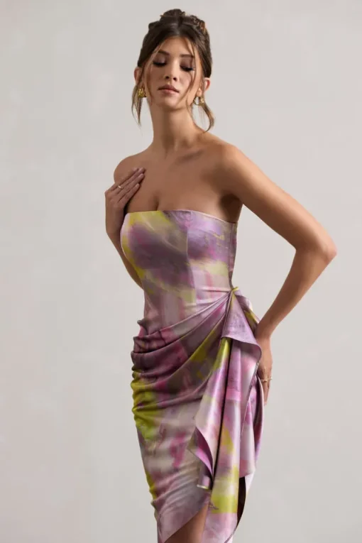 Axel | Lilac Print Satin Strapless Wrap Midi Dress