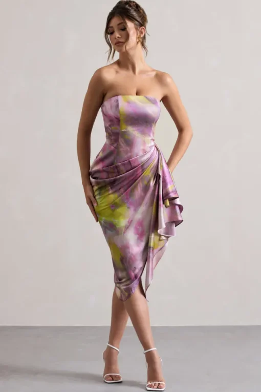 Axel | Lilac Print Satin Strapless Wrap Midi Dress
