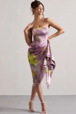 Axel | Lilac Print Satin Strapless Wrap Midi Dress