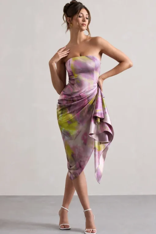 Axel | Lilac Print Satin Strapless Wrap Midi Dress