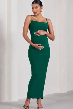 Azalea | Bottle Green Strappy Square-Neck Maternity Maxi Dress