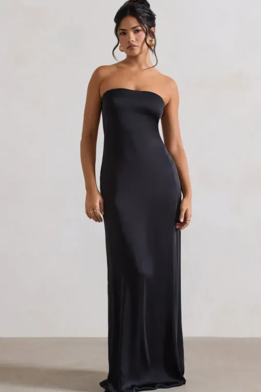Azra | Black Satin Bandeau Maxi Dress