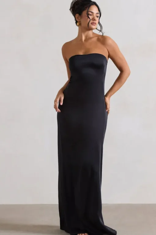 Azra | Black Satin Bandeau Maxi Dress
