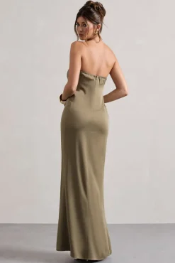 Azra | Olive Satin Bandeau Maxi Dress