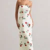Azra | Rose Print Satin Bandeau Maxi Dress