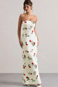 Azra | Rose Print Satin Bandeau Maxi Dress