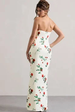 Azra | Rose Print Satin Bandeau Maxi Dress
